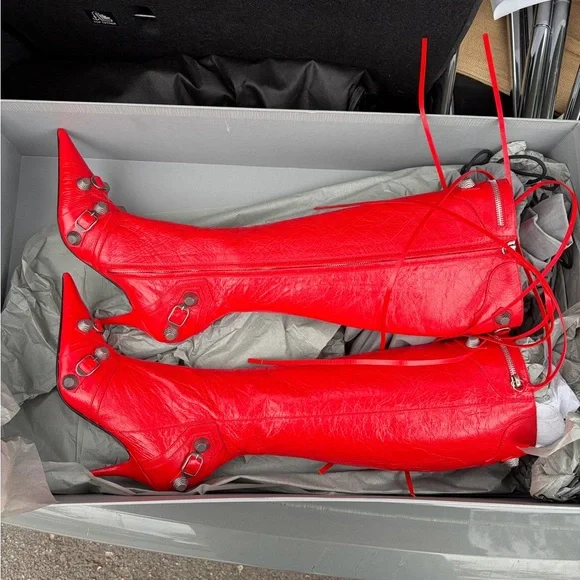 Red Leather Knee-High Stiletto Boots - Women - Picture 2 of 10